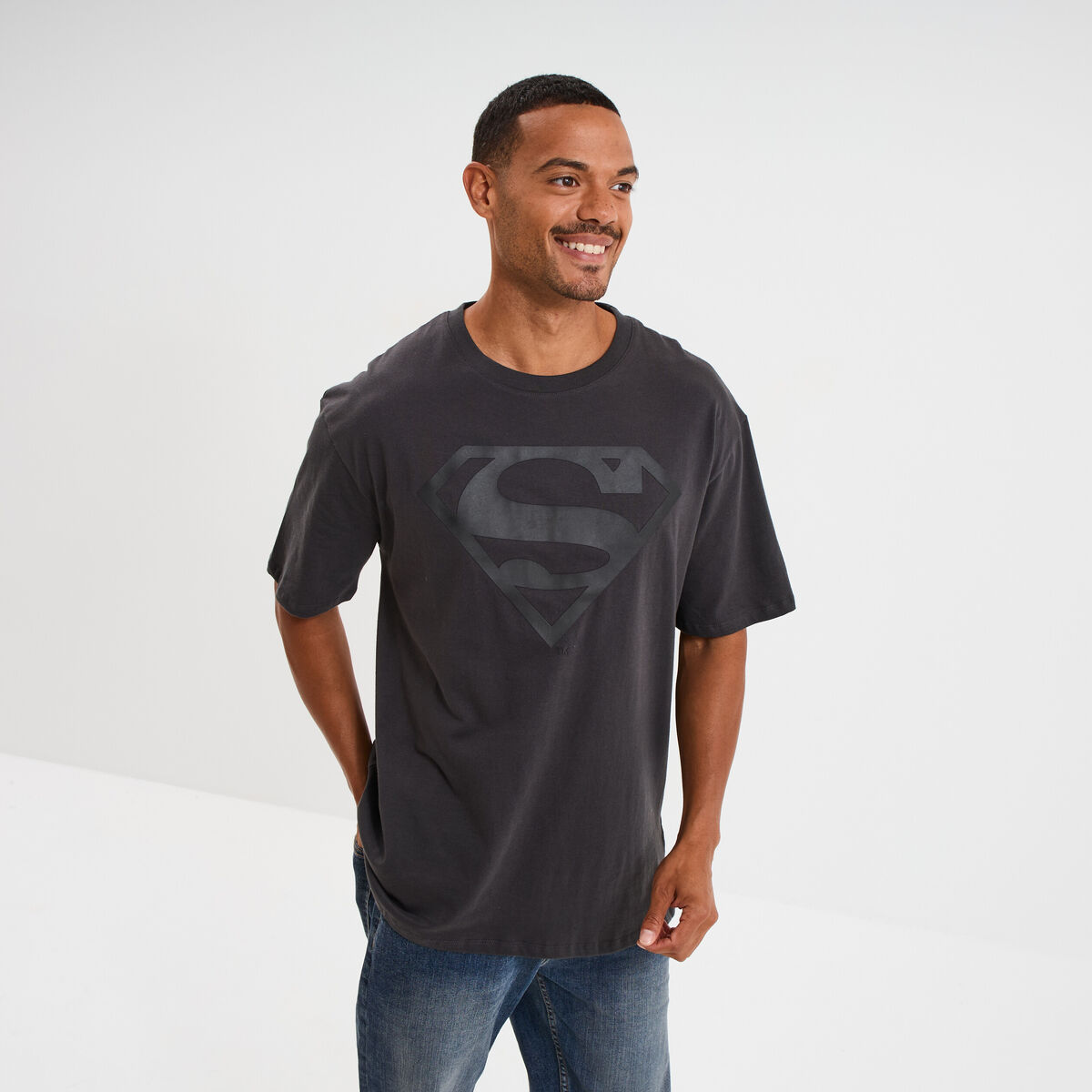 T-shirt manches courtes coton Superman gris fonc&eacute; homme