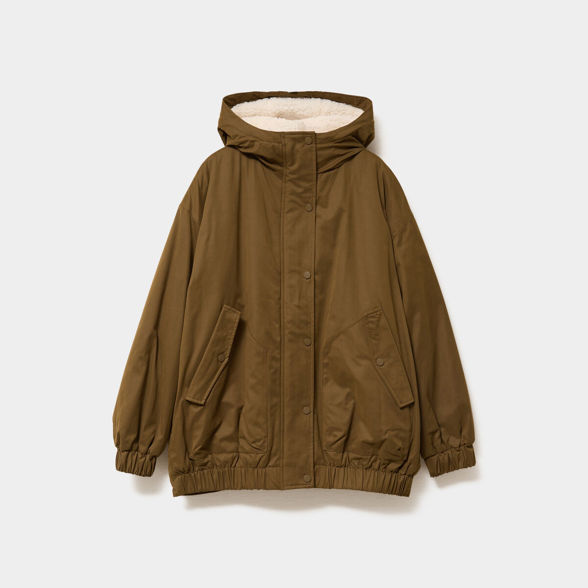 Parka oversize capuche doubl&eacute;e sherpa vert olive femme