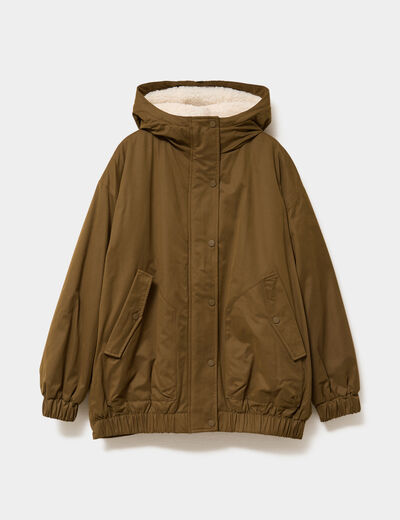Parka oversize capuche doubl&eacute;e sherpa vert olive femme