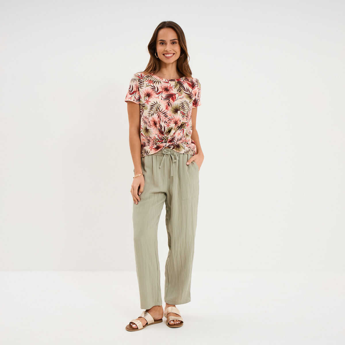 Pantalon fluide carotte &eacute;lastiqu&eacute;e vert kaki femme