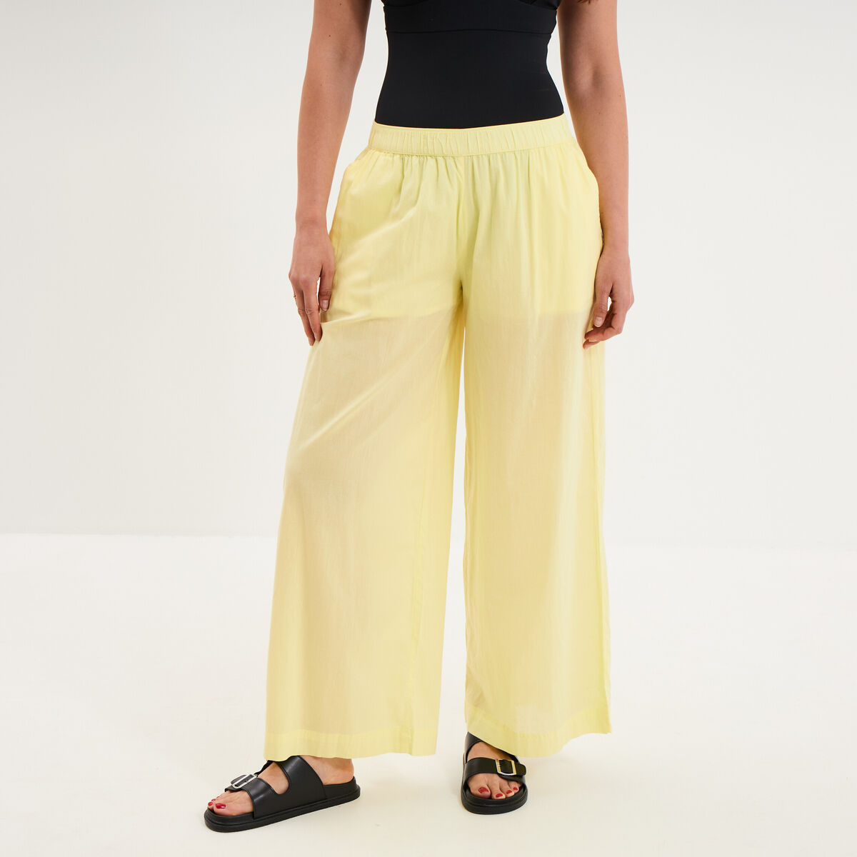 Pantalon de plage voile de coton jaune femme