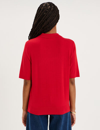 Pull col polo manches courtes rouge femme