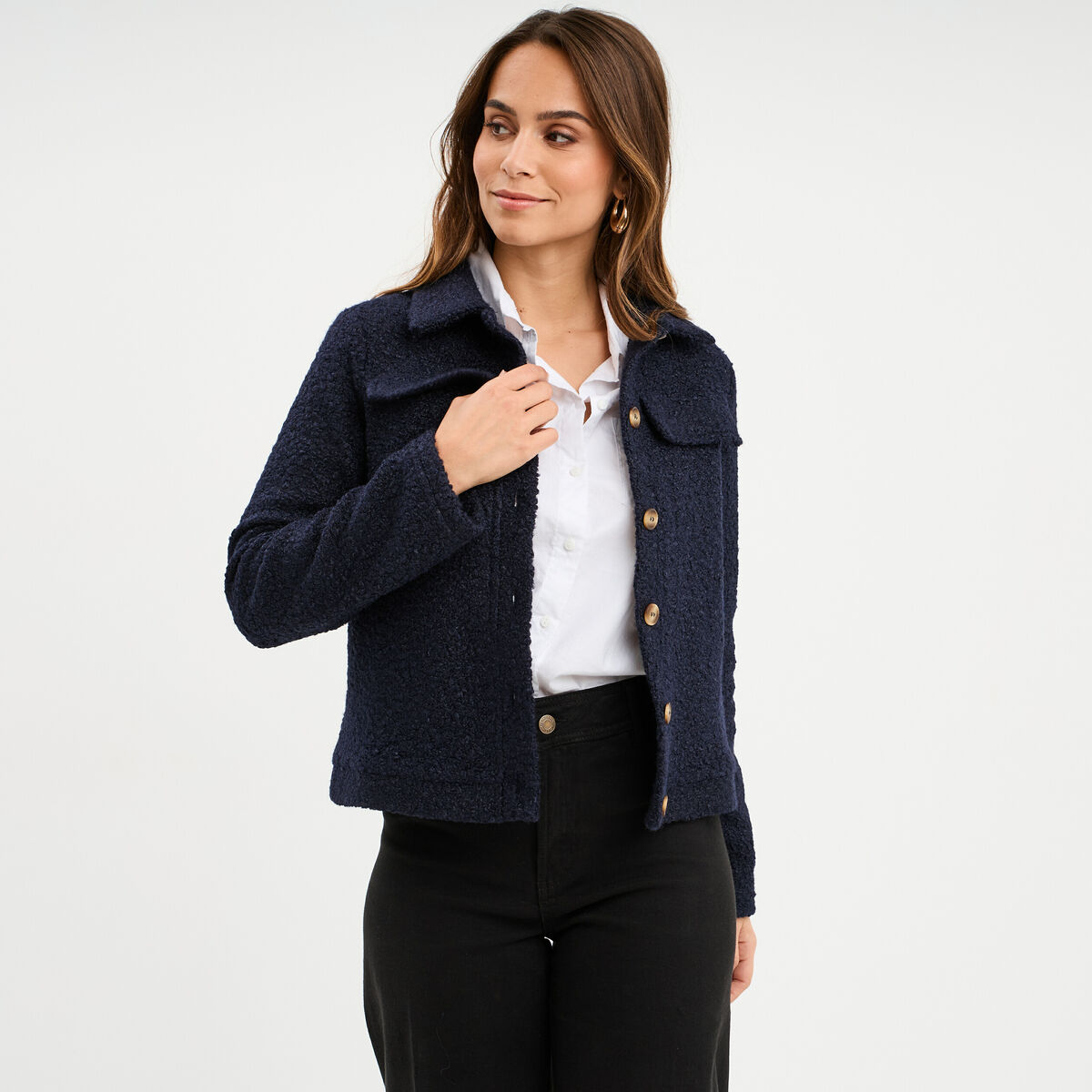 Veste bouclette boutonn&eacute;e bleu marine femme