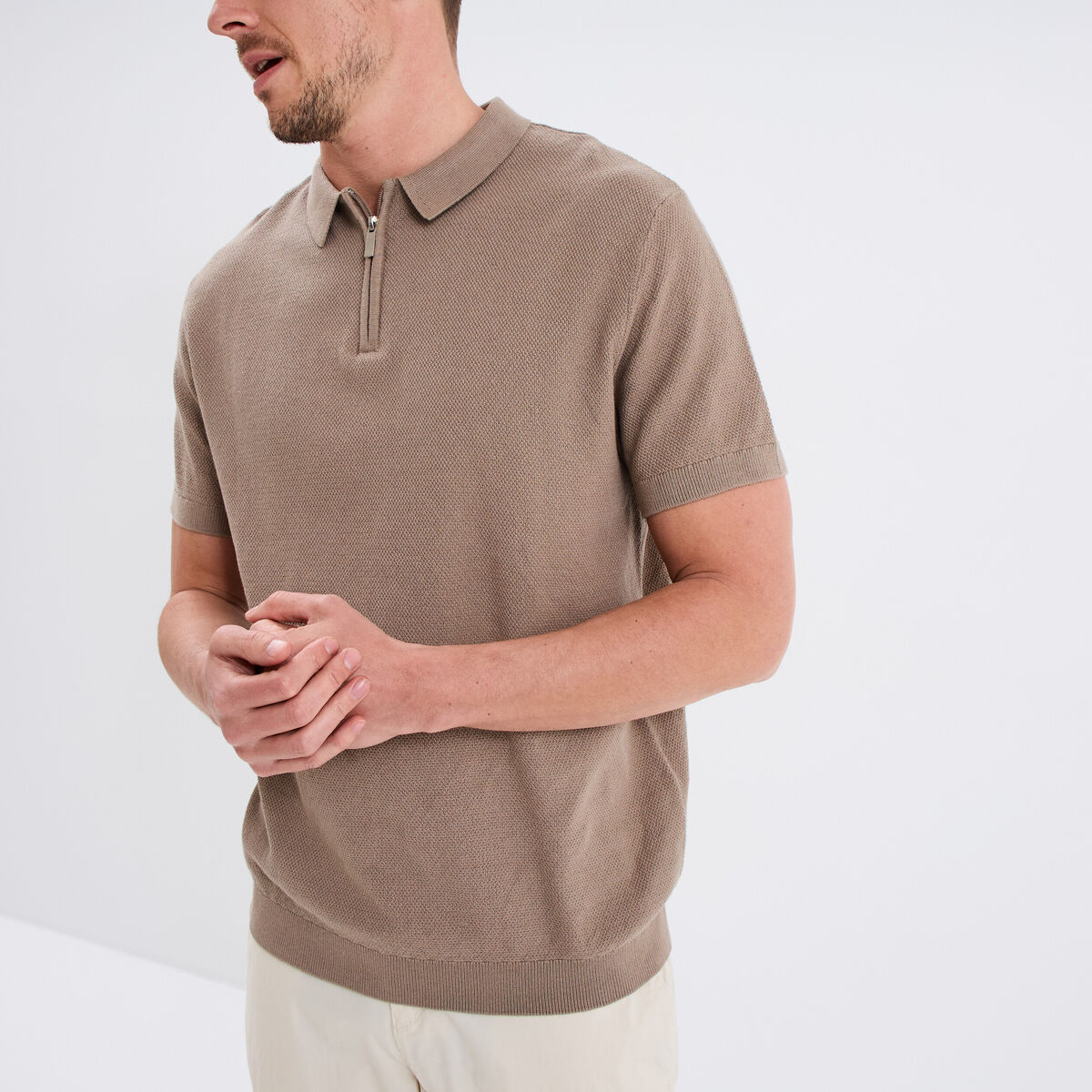 Polo col zippé manches courtes coton taupe homme