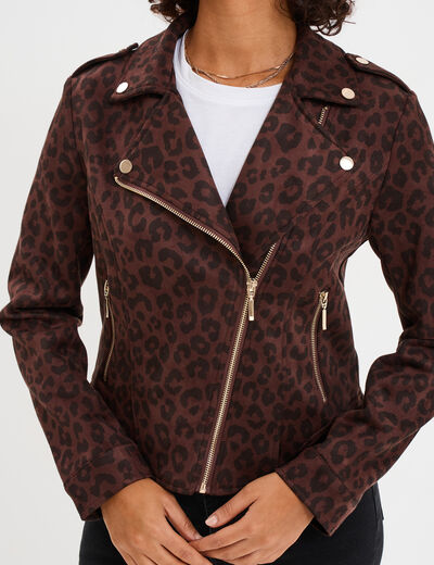 Veste courte esprit biker effet suédine marron foncé femme