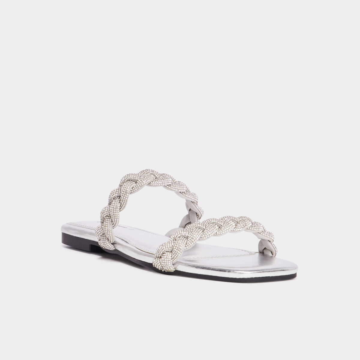 Mules brides tress&eacute;es strass Mosquitos gris argent femme