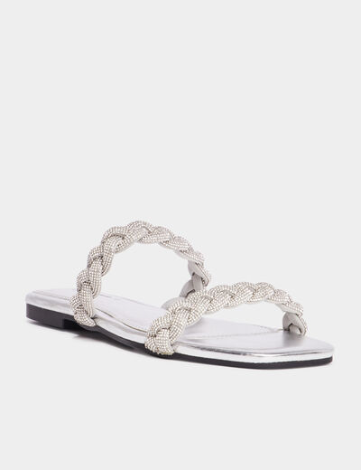 Mules brides tress&eacute;es strass Mosquitos gris argent femme