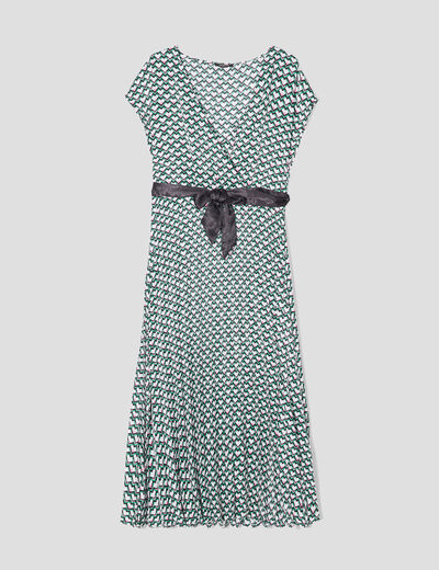 Robe longue évasée plissée et ceinturée vert femme