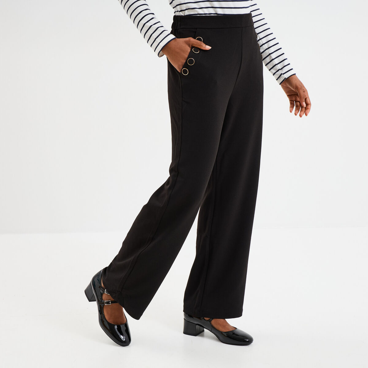 Pantalon droit &agrave; pont taille &eacute;lastiqu&eacute;e noir femme