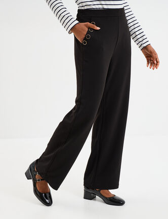 Pantalon droit &agrave; pont taille &eacute;lastiqu&eacute;e noir femme