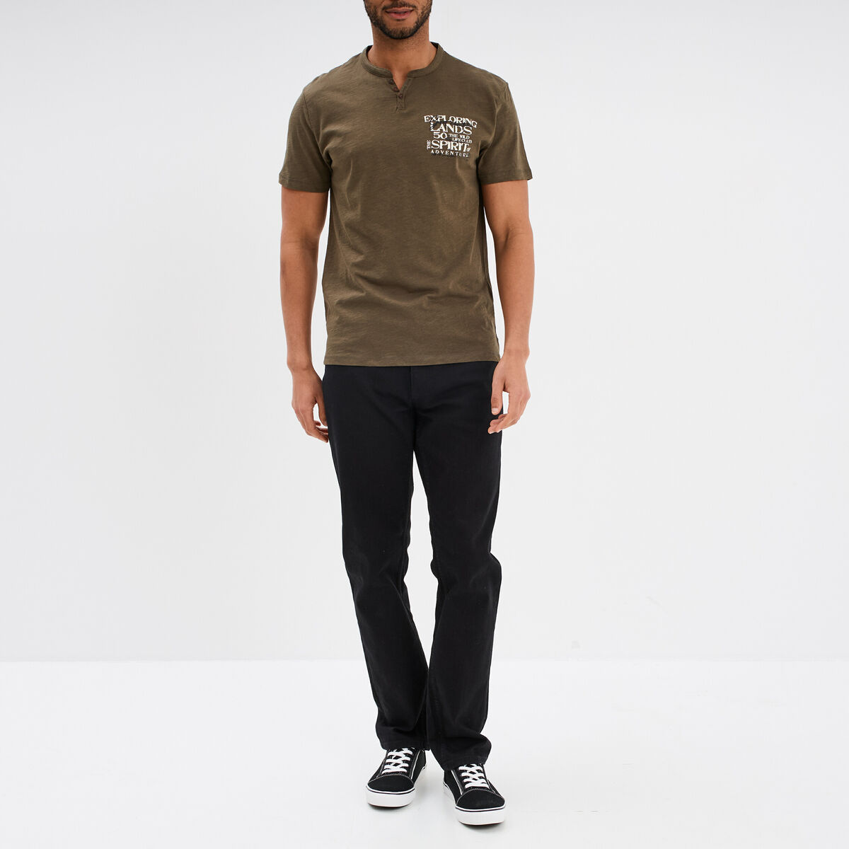 T-shirt col tunisien manches courtes vert kaki homme