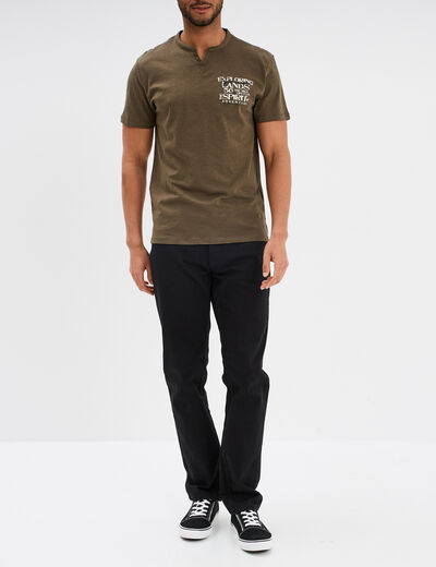 T-shirt col tunisien manches courtes vert kaki homme