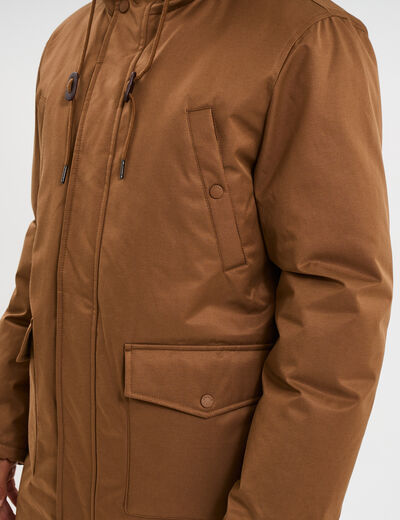 Parka mi-longue doubl&eacute;e &agrave; capuche marron homme
