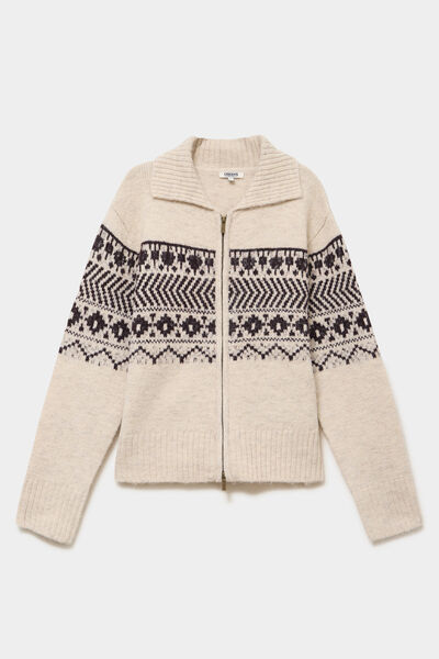 Gilet droit col &agrave; revers zipp&eacute; beige femme