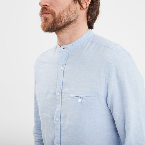 Chemise col mao lin mélangé bleu ciel homme