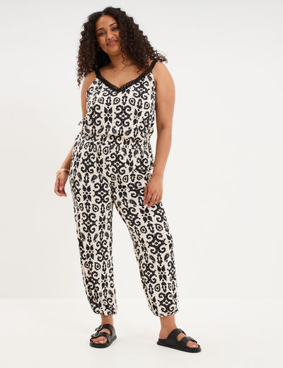 Pantalon &eacute;lastiqu&eacute; fluide ecru femme grande taille