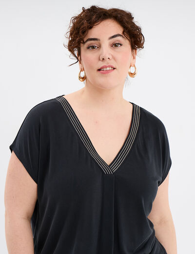 T-shirt col en V manches courtes noir femme grande taille