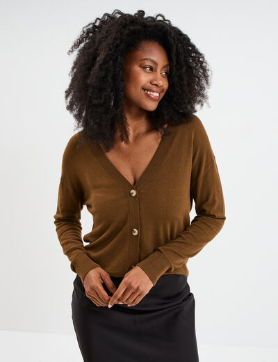 Gilet col en V boutonné taupe femme