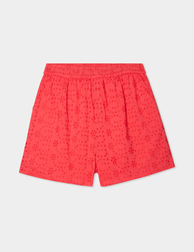 Short broderie anglaise élastiqué coton rouge femme