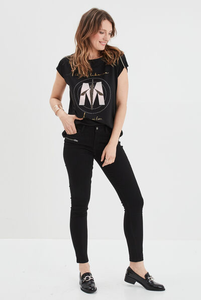 T-shirt col rond à strass Mosquitos noir femme