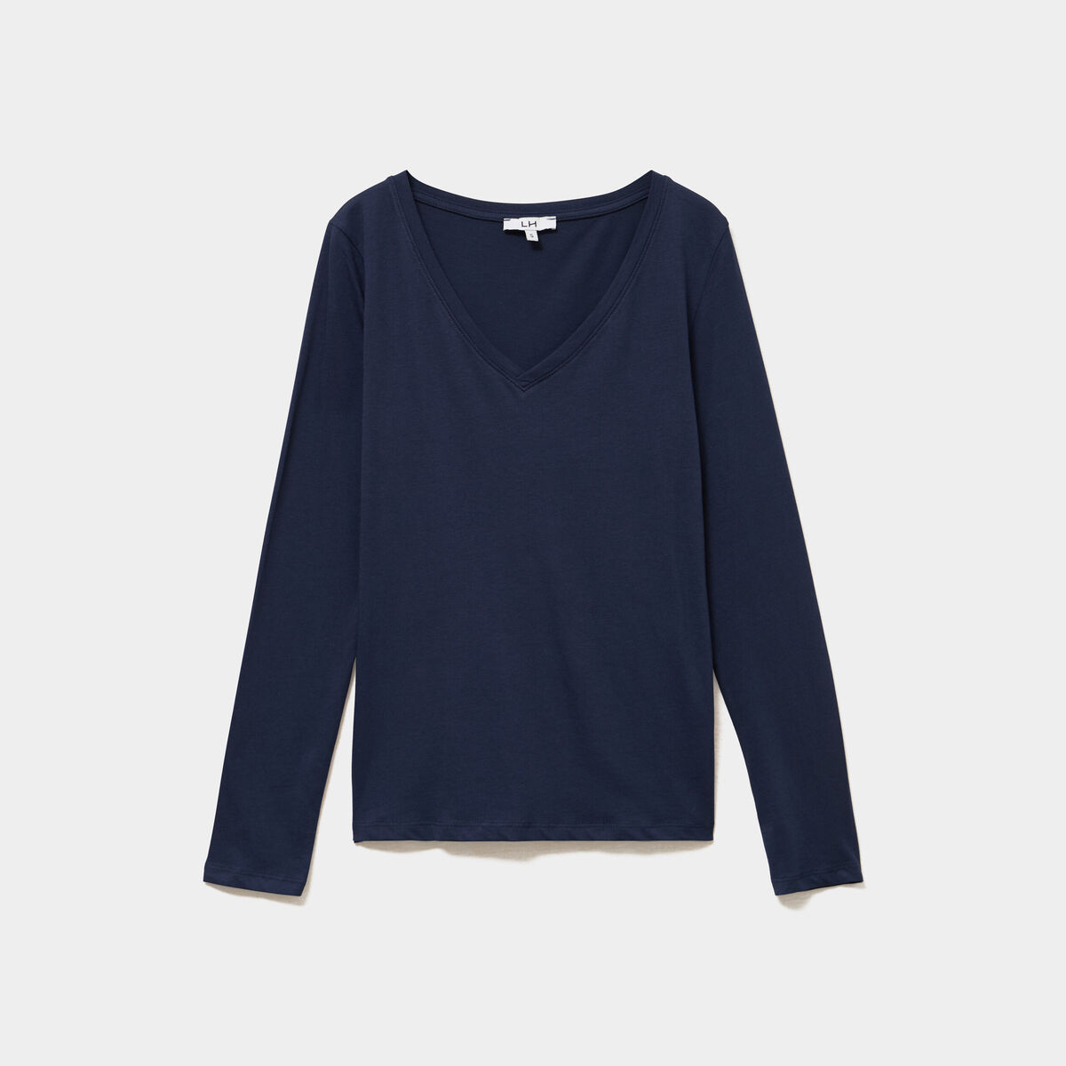 T-shirt col en V manches longues coton bleu marine femme