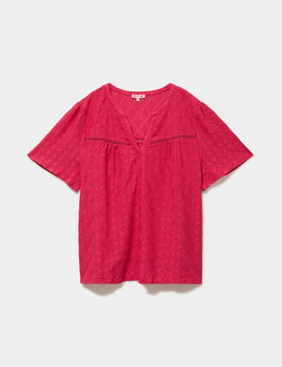 T-shirt broderie anglaise col tunisien rose cerise femme grande taille