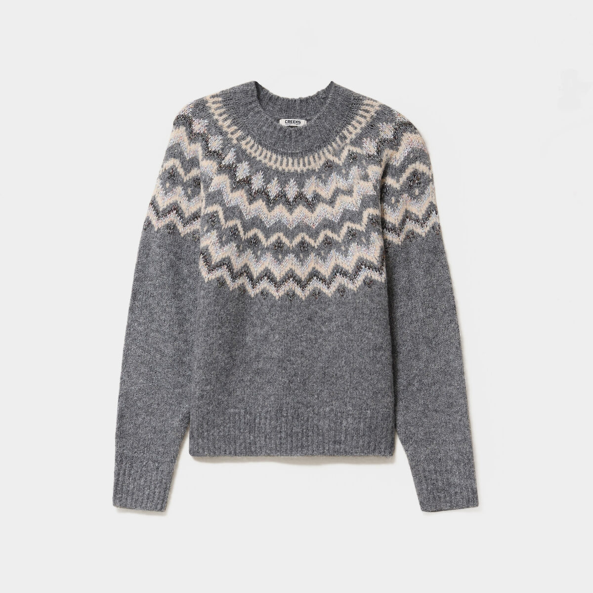 Pull col rond jacquard manches longues gris clair femme