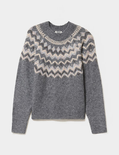 Pull col rond jacquard manches longues gris clair femme
