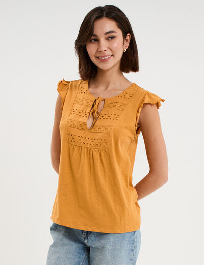 T-shirt avec broderie coton jaune moutarde femme