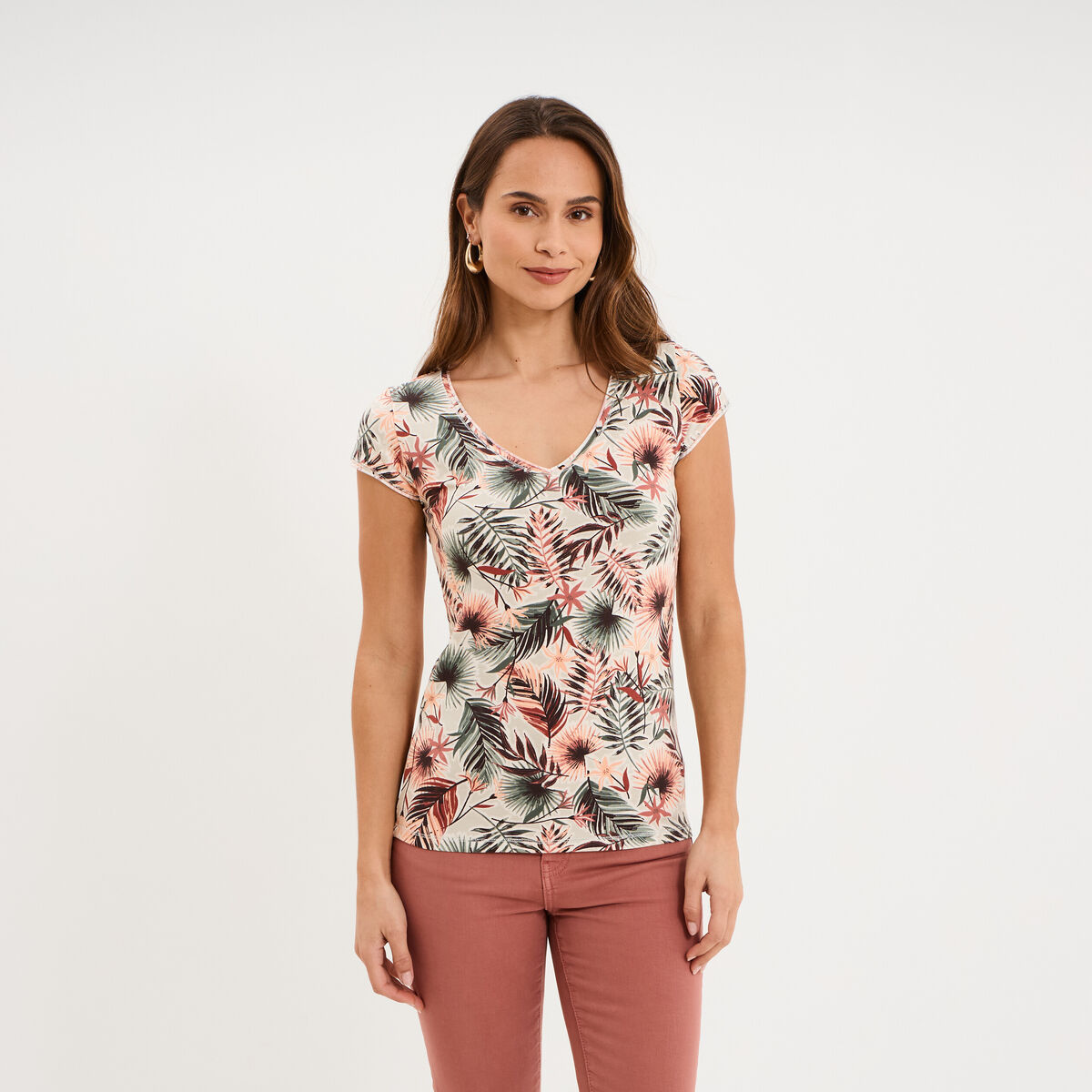 T-shirt col V droit manches courtes vert kaki femme