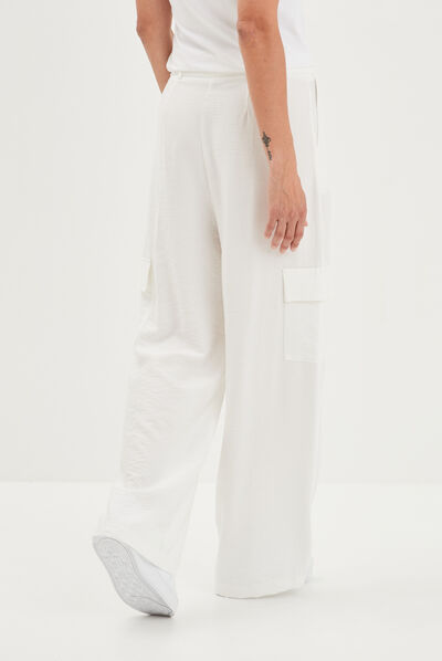 Pantalon cargo large fluide ivoire femme
