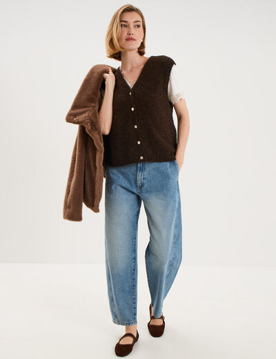 Gilet sans manches col V boutonn&eacute; marron fonc&eacute; femme