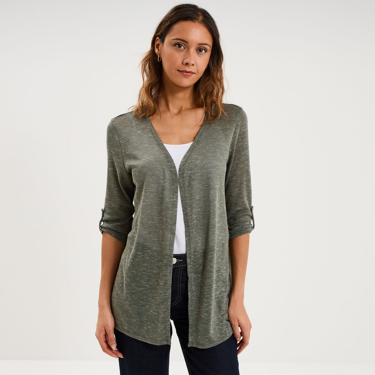 Gilet fin mi long manches 3/4 vert kaki femme