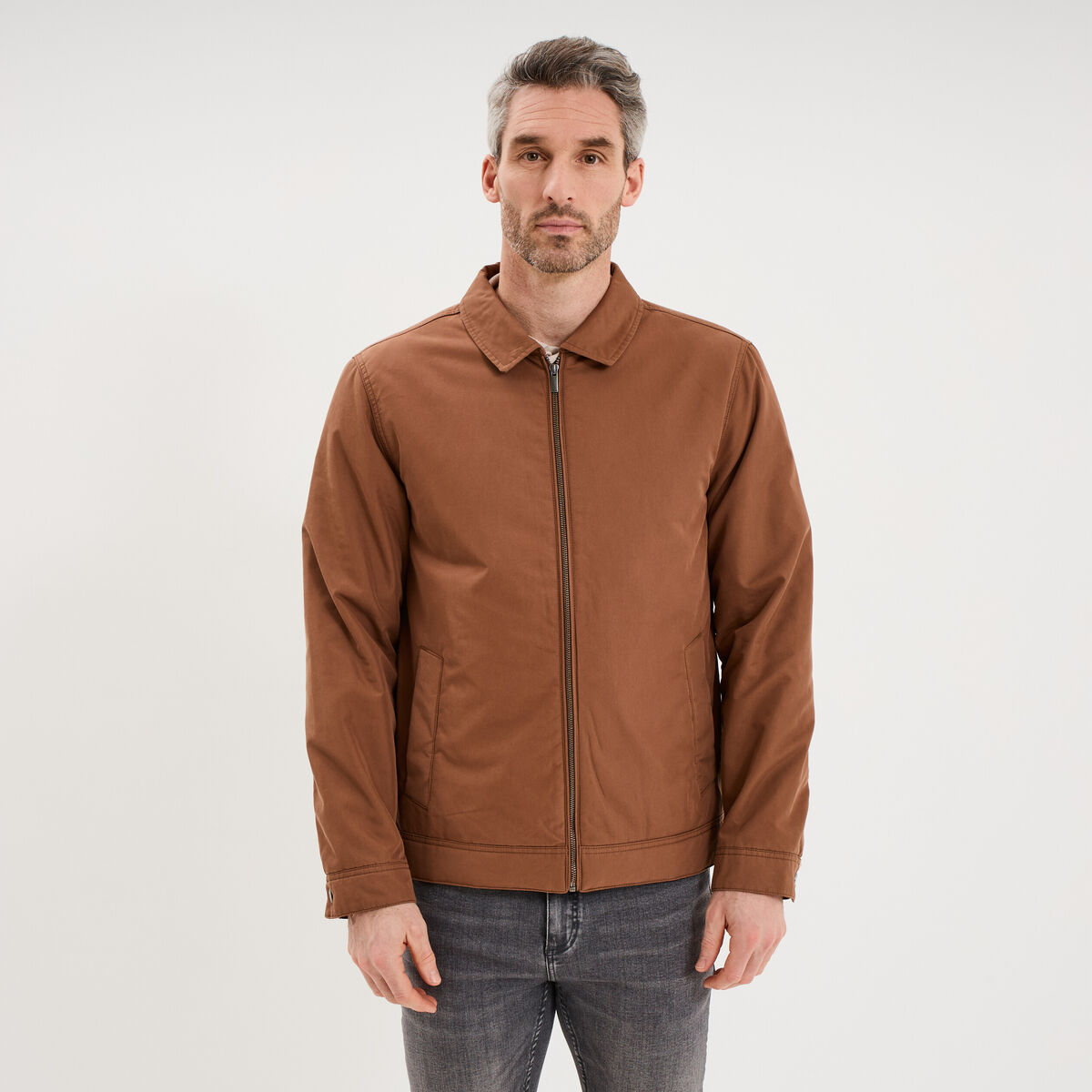 Blouson zipp&eacute; doubl&eacute; col &agrave; revers marron homme