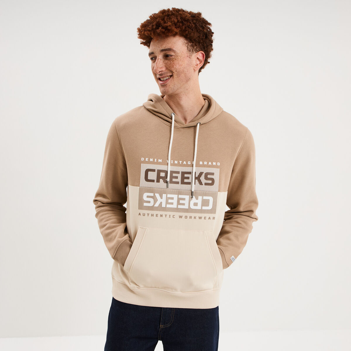 Sweat hoodie &agrave; capuche molleton taupe homme