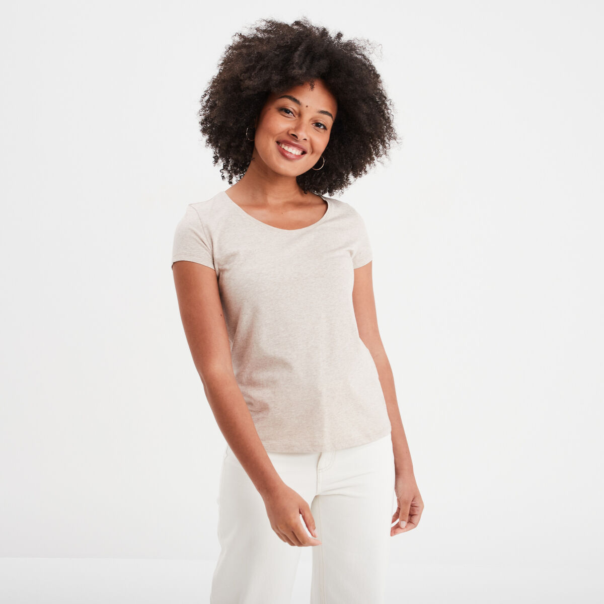 T-shirt coton col rond manches courtes beige femme