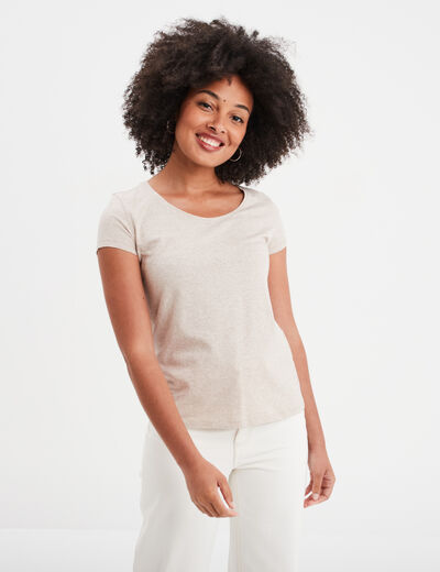 T-shirt coton col rond manches courtes beige femme