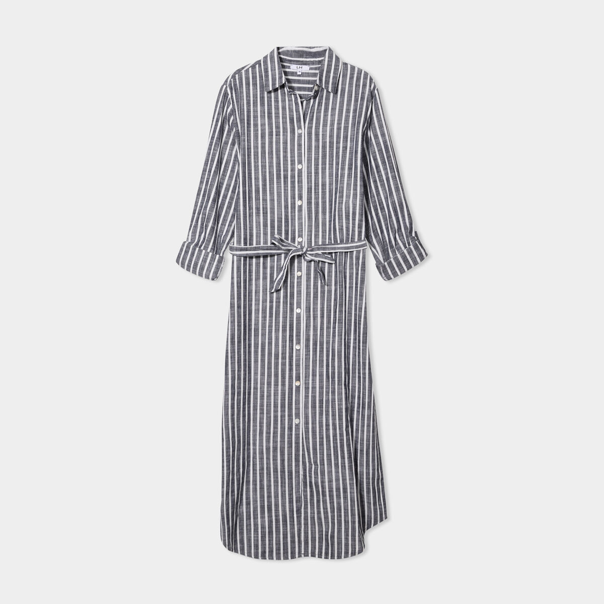 Robe chemise longue ceintur&eacute;e coton bleu marine femme