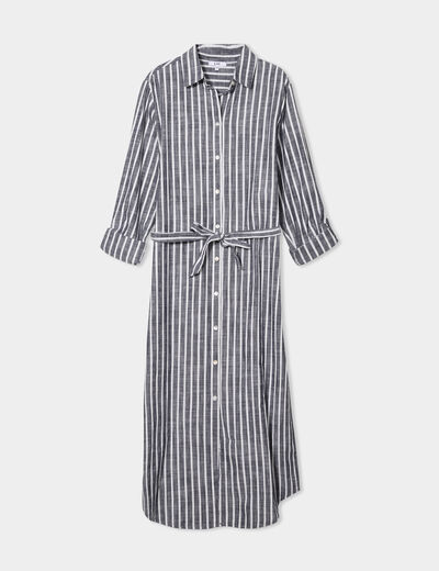 Robe chemise longue ceintur&eacute;e coton bleu marine femme
