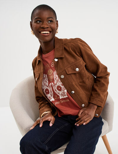 Veste effet su&eacute;dine marron femme