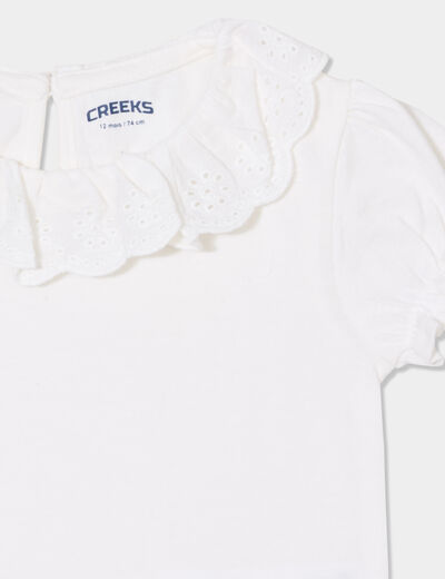 T-shirt col claudine brodé coton blanc bébé fille