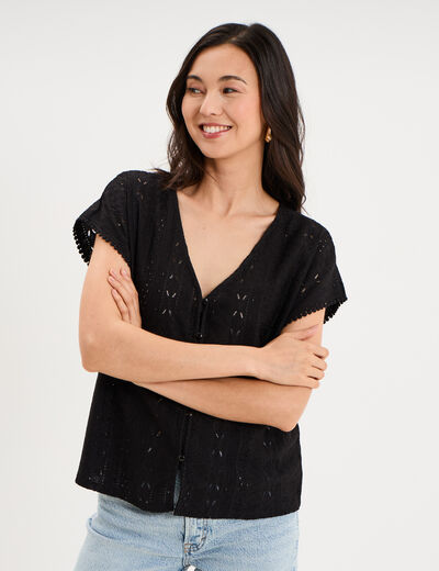 T-shirt broderie anglaise col en V noir femme