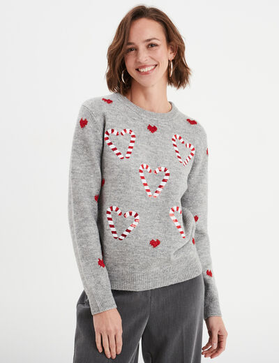 Pull No&euml;l avec sequins et col rond gris clair femme