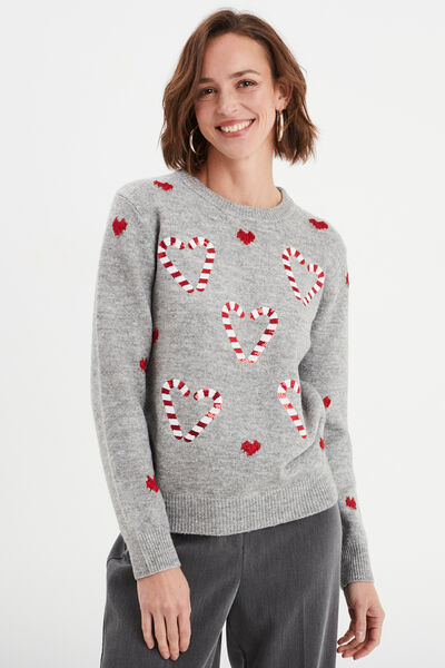 Pull No&euml;l avec sequins et col rond gris clair femme