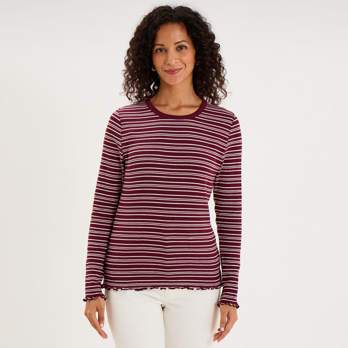 T-shirt ajust&eacute; col rond manches longues bordeaux femme