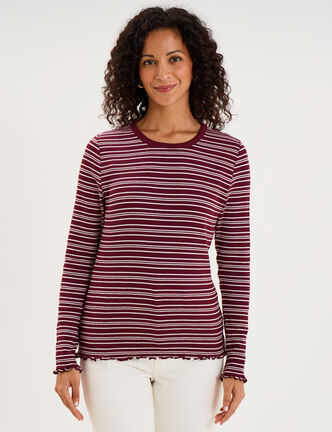 T-shirt ajust&eacute; col rond manches longues bordeaux femme