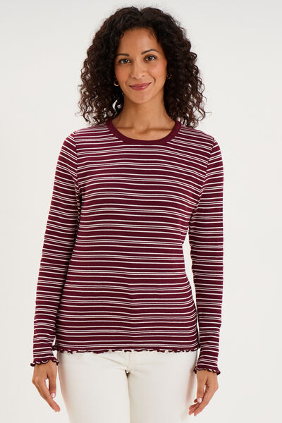 T-shirt ajust&eacute; col rond manches longues bordeaux femme
