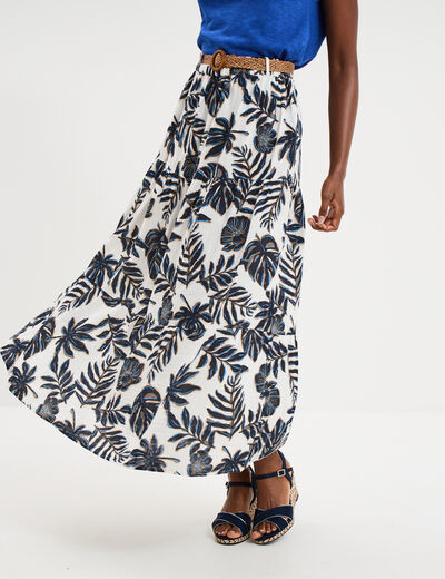 Jupe longue gaze de coton ceintur&eacute;e ecru femme