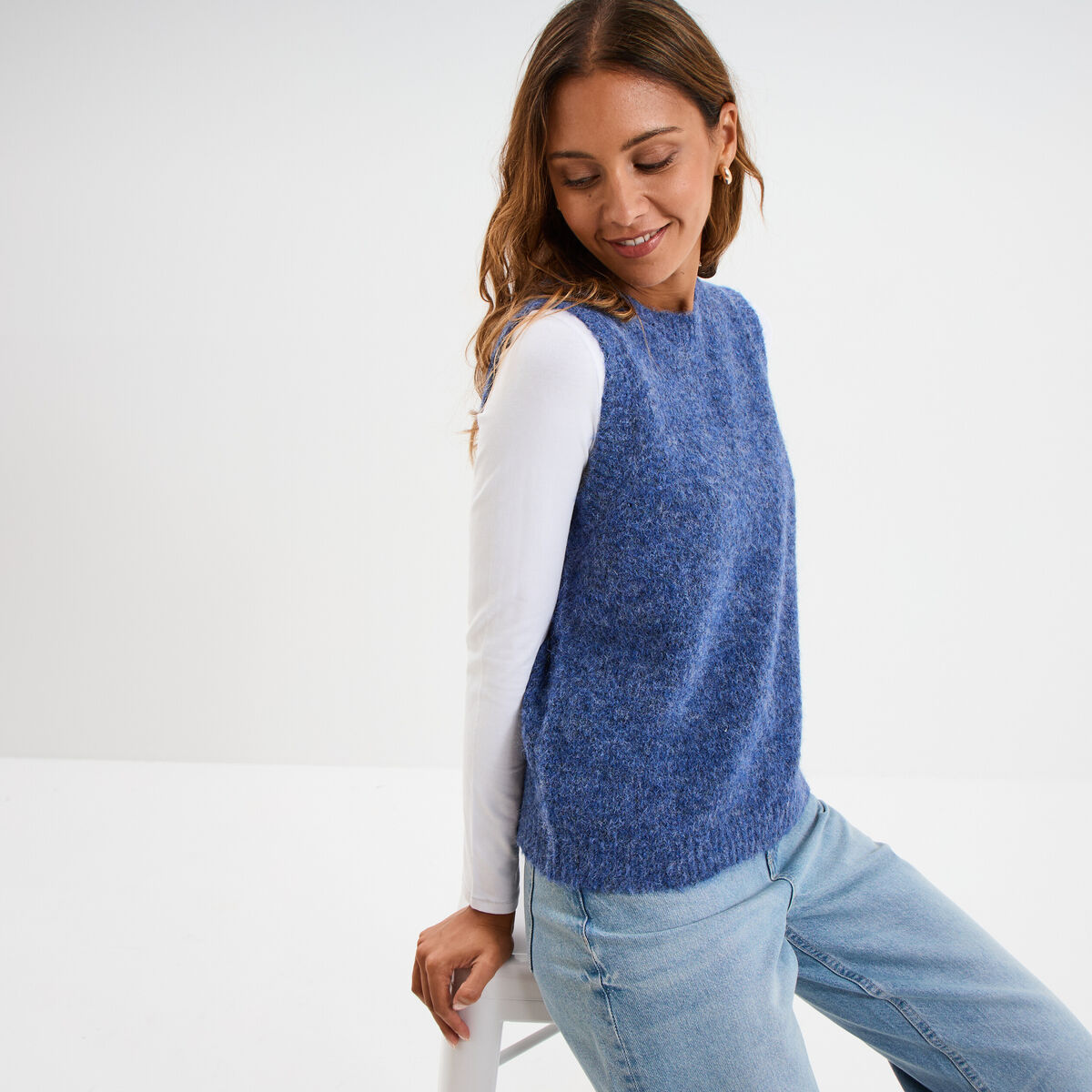 Pull sans manches col rond bleu femme