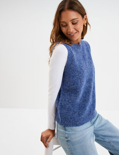 Pull sans manches col rond bleu femme